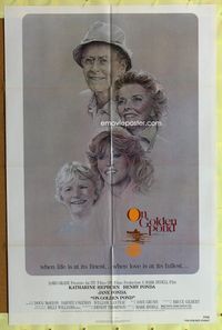 5e526 ON GOLDEN POND 1sh '81 art of Katharine Hepburn, Henry Fonda, and Jane Fonda by C.D. de Mar!