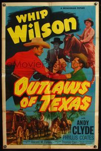 5e532 OUTLAWS OF TEXAS style A 1sh '50 western art of Whip Wilson, Andy Clyde & Phyllis Coates!
