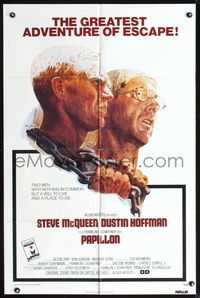 5e537 PAPILLON int'l 1sh '73 great art of prisoners Steve McQueen & Dustin Hoffman by Tom Jung!