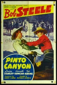 5e547 PINTO CANYON 1sh '40 Raymond K. Johnson directed, cowboy Bob Steele in fistfight on horseback
