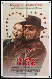 5e560 PRIZZI'S HONOR 1sh '85 cool art of smoking Jack Nicholson & Kathleen Turner w/bullet holes!