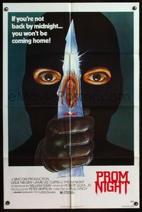 5e563 PROM NIGHT 1sh '80 Jamie Lee Curtis won't be coming home, wild horror art!