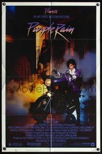 5e567 PURPLE RAIN 1sh '84 great image of Prince riding motorcycle, in his first motion picture!