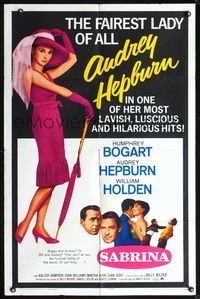 5e617 SABRINA 1sh R65 full-length Audrey Hepburn, Humphrey Bogart, William Holden!