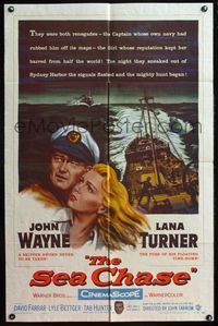 5e630 SEA CHASE 1sh '55 great artwork of renegades John Wayne & Lana Turner!