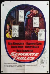 5e635 SEPARATE TABLES 1sh '58 art of Rita Hayworth, Burt Lancaster, David Niven & Deborah Kerr!