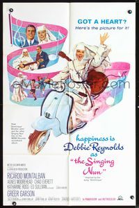 5e671 SINGING NUN 1sh '66 great artwork of Debbie Reynolds with guitar riding Vespa!