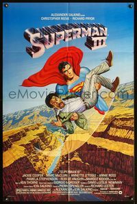 5e761 SUPERMAN III 1sh '83 art of Christopher Reeve flying with Richard Pryor by L. Salk!