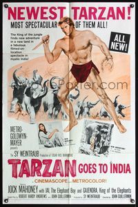 5e782 TARZAN GOES TO INDIA 1sh '62 great image of Jock Mahoney as the King of the Jungle!