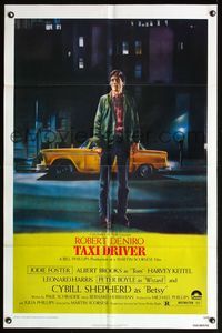 5e786 TAXI DRIVER 1sh '76 classic art of Robert De Niro by cab, directed by Martin Scorsese!