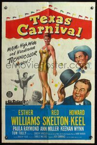 5e793 TEXAS CARNIVAL 1sh '51 Red Skelton, art of sexy Esther Williams in skimpy outfit at fair!