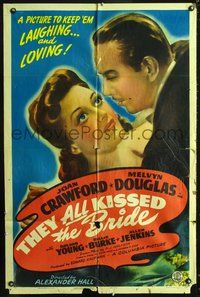 5e809 THEY ALL KISSED THE BRIDE style B 1sh '42 Joan Crawford & Melvyn Douglas deliver laughs!