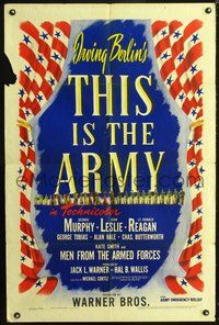 5e826 THIS IS THE ARMY 1sh '43 Irving Berlin musical, Lt. Ronald Reagan, cool patriotic design!