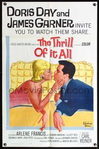 5e844 THRILL OF IT ALL 1sh '63 wonderful artwork of Doris Day kissing James Garner!