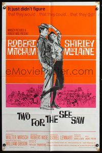 5e913 TWO FOR THE SEESAW 1sh '62 art of Robert Mitchum & sexy beatnik Shirley MacLaine!