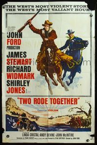 5e919 TWO RODE TOGETHER AA 1sh '60 John Ford, art of James Stewart & Richard Widmark on horses!