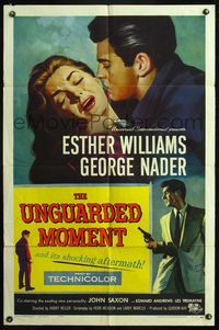 5e926 UNGUARDED MOMENT 1sh '56 close up art of teacher Esther Williams threatened by George Nader!