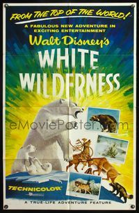 5e980 WHITE WILDERNESS 1sh '58 Disney, cool art of polar bear & arctic animals on top of world!