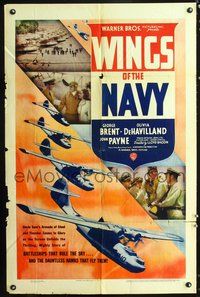 5e986 WINGS OF THE NAVY 1sh '39 George Brent, Olivia de Havilland, battleships that rule the sky!