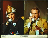 5f939 TOWERING INFERNO color 11x14 still '74 split image of Steve McQueen & Paul Newman on phone!