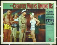5f435 CREATURE WALKS AMONG US LC #3 '56 beautiful Leigh Snowden in scuba suit with three men!