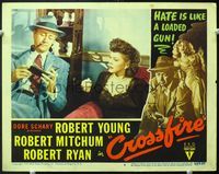 5f438 CROSSFIRE LC#8 '47 detective Robert Young smoking pipe grills pretty Jacqueline White!