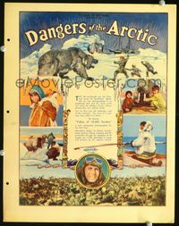 5f442 DANGERS OF THE ARCTIC vertical LC '32 cool artwork of Eskimos & polar bear in Arctic Circle!