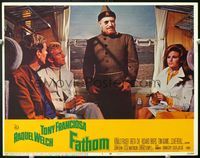 5f495 FATHOM LC #6 '67 Raquel Welch & Tony Franciosa on train with man w/monocle in uniform!