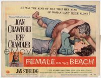5f149 FEMALE ON THE BEACH TC '55 sexy art of Joan Crawford and Jeff Chandler kissing in the sand!