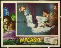 5f661 MACABRE LC #8 '58 William Castle, two men and woman inspecting contents of coffin!