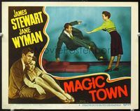 5f665 MAGIC TOWN LC#4 '47 Jane Wyman pushes James Stewart onto pile of cushions!