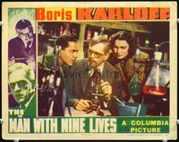 5f687 MAN WITH NINE LIVES LC '40 great close up of Boris Karloff in laboratory with microscope!