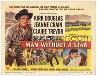 5f209 MAN WITHOUT A STAR TC '55 art of cowboy Kirk Douglas pointing gun & with Jeanne Crain!