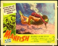 5f689 MANFISH LC#4 '56 great close up of scuba diver underwater, from Poe's The Gold Bug!