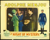 5f725 NIGHT OF MYSTERY LC '28 border art of soldier Adolphe Menjou, Evelyn Brent!