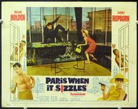 5f755 PARIS WHEN IT SIZZLES LC#7 '64 Audrey Hepburn watches William Holden vaulting desk!