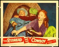 5f052 REDHEAD & THE COWBOY signed LC #2 '51 by Rhonda Fleming, fighting for reins in stagecoach!