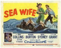 5f252 SEA WIFE TC '57 great castaway artwork of sexy Joan Collins & Richard Burton on raft at sea!