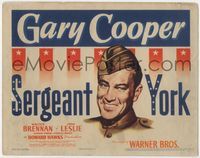 5f255 SERGEANT YORK TC '41 great headshot artwork of smiling Gary Cooper in uniform, Howard Hawks