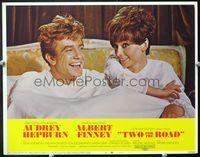 5f945 TWO FOR THE ROAD LC #8 '67 close up of Audrey Hepburn & Albert Finney laughing in bed!