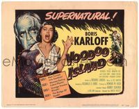 5f297 VOODOO ISLAND TC '57 Boris Karloff, art of woman-eating cobra plant attacking girl!