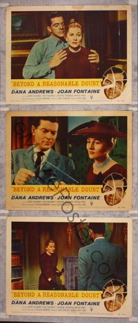 5g384 BEYOND A REASONABLE DOUBT 3 LCs '56 Fritz Lang directed noir, Dana Andrews & Joan Fontaine!