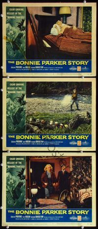 5g401 BONNIE PARKER STORY 3 LCs '58 great border art of the cigar-smoking hellcat Dorothy Provine!