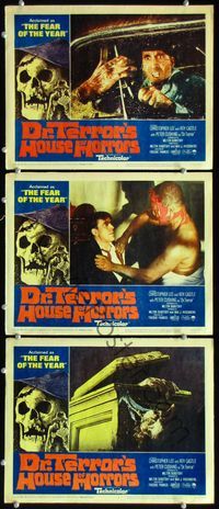 5g497 DR. TERROR'S HOUSE OF HORRORS 3 LCs '65 terrified Christopher Lee, hand clawing out of casket!
