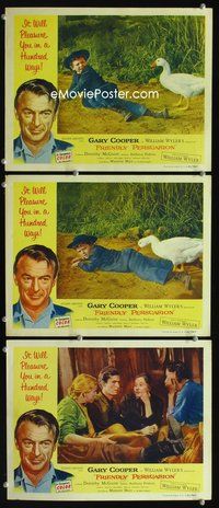 5g544 FRIENDLY PERSUASION 3 LCs '56 Gary Cooper border art, Richard Eyer attacked by goose!