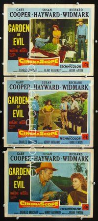 5g550 GARDEN OF EVIL 3 LCs '54 close-up of Gary Cooper & Susan Hayward, Richard Widmark!