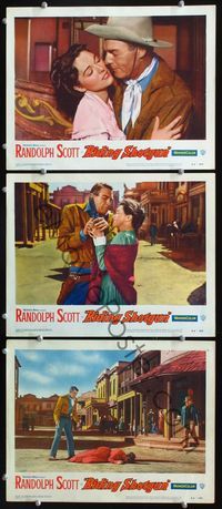 5g815 RIDING SHOTGUN 3 LCs '54 close-up of cowboy Randolph Scott, pretty Joan Weldon!