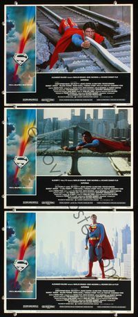 5g887 SUPERMAN 3 LCs '78 comic book hero Christopher Reeve over New York City!