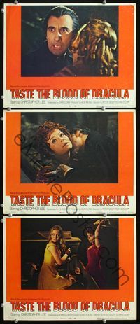 5g903 TASTE THE BLOOD OF DRACULA 3 LCs '70 best wacky close up of vampire Christopher Lee!