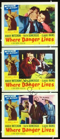 5g972 WHERE DANGER LIVES 3 LCs '50 close-up of Robert Mitchum & Faith Domergue!